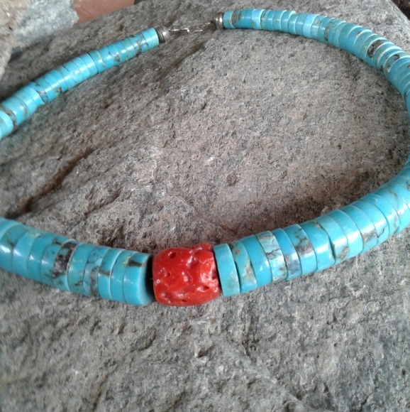 Sterling Silver Vintage TURQUOISE Heishe  NECKLACE - Picture 6 of 8